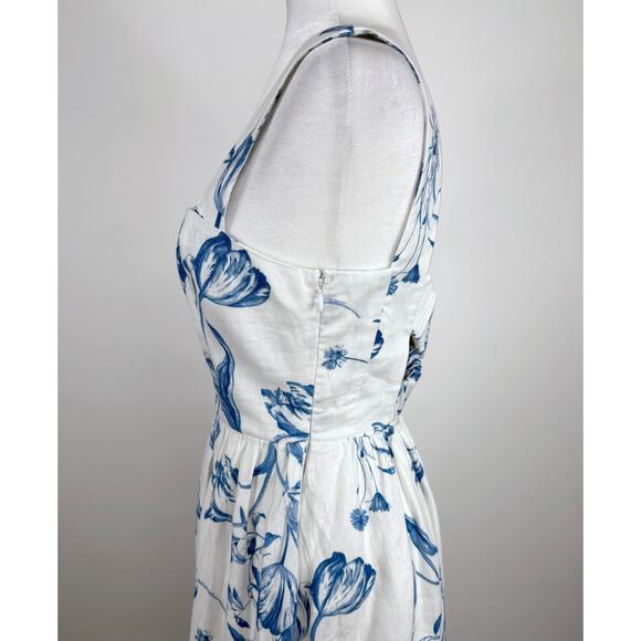 Reformation Frieda Linen Midi Dress Size 4 Blue White Floral Trad Wife Cottage - Picture 7 of 16